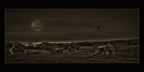 Silent Memories: LaSala used 7 exposures at dusk and Photomatix software to create this somber HDR image of the Antietam National Battlefield in Sharpsburg, MD. To enhance the composition, he added the moon and bird images from his archives. The image is included in the Loan Collection of the Professional Photographers of America (PPA).