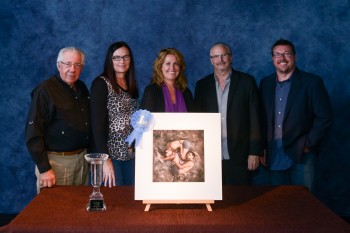 The National Sunset Print Award judging panel - from left to right,  Carmen Schettino, Julie Hughes, Jessica Vogel, Tom Carabasi and Rich Newell - with their choice for First Place, Permanent Bond by Tammy Bevins. Congratulations, Tammy!