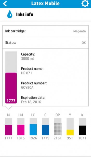 HP Latex Mobile app ink level details.